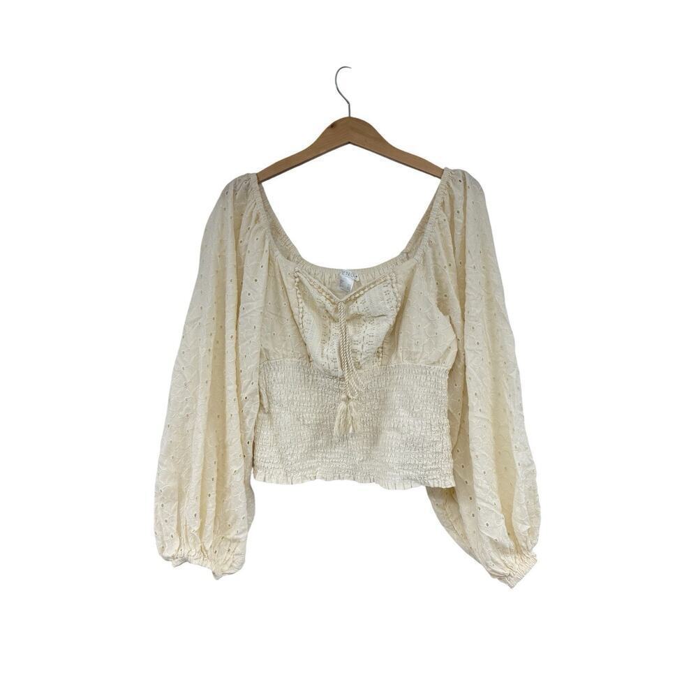 Venus‎ Cream Long Puff Sleeve Boho Milkmaid Style Cropped Top Womens Large